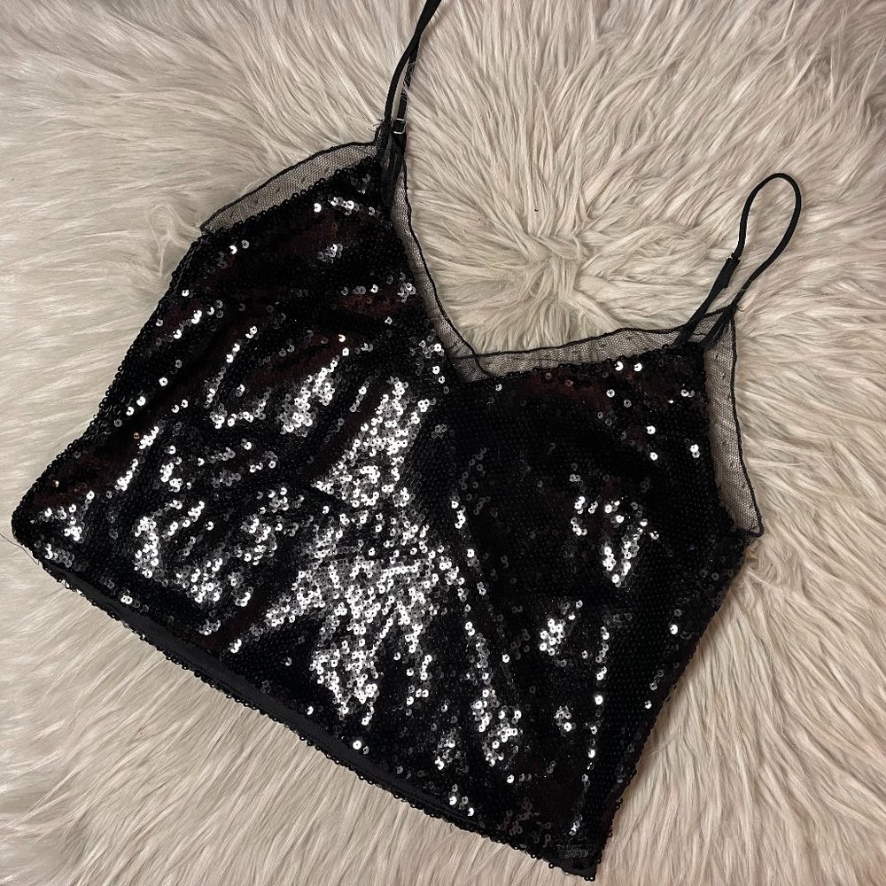 Forever 21 Black Sequin Tank With Lace Trim